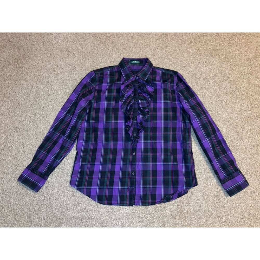 RALPH LAUREN Button Shirt LARGE Purple Plaid Ruffle Front Academia Victorian - Picture 2 of 10